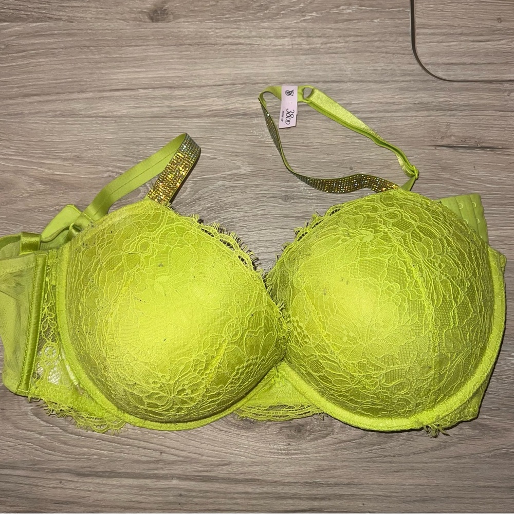 Victoria's Secret Neon Lime Lace Push-Up Bra with Embellished Straps